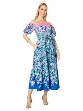 Lilly Pulitzer Pink and Blue One-Shoulder Floral Midi Dress